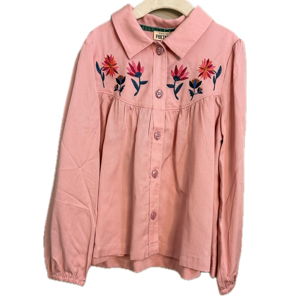 Finding Foxtale Girls Pink Embroidered Floral Long‎ Sleeve Collared Shirt Size 8